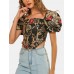 Vintage Ethnic Floral Print Square Collar Puff Sleeve Irregular Crop Top Vintage Ethnic Floral Print Square Collar Puff Sleeve Irregular Crop Top