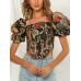 Vintage Ethnic Floral Print Square Collar Puff Sleeve Irregular Crop Top Vintage Ethnic Floral Print Square Collar Puff Sleeve Irregular Crop Top