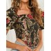Vintage Ethnic Floral Print Square Collar Puff Sleeve Irregular Crop Top Vintage Ethnic Floral Print Square Collar Puff Sleeve Irregular Crop Top