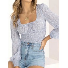 Floral Square Collar Bishop Sleeve Casual Crop Top