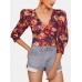Vintage Floral Printed V-neck Bishop Half Sleeve Crop Tops Vintage Floral Printed V-neck Bishop Half Sleeve Crop Tops