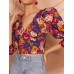 Vintage Floral Printed V-neck Bishop Half Sleeve Crop Tops Vintage Floral Printed V-neck Bishop Half Sleeve Crop Tops