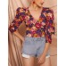 Vintage Floral Printed V-neck Bishop Half Sleeve Crop Tops Vintage Floral Printed V-neck Bishop Half Sleeve Crop Tops