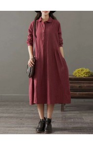 Pockets Stripe Long Sleeve Lapel Vintage Maxi Dress
