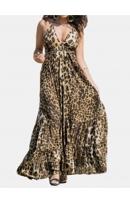 Leopard Print Halter Backless Sexy Maxi Dress For Women