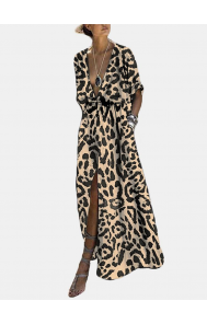 Splited Leopard Print Short Sleeve Maxi Dress For Women