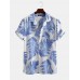 Mens 100% Cotton Leaf Printed Chest Pocket Turn Down Collar Short Sleeve  Shirts