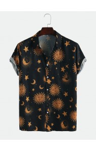 Mens Funny Cartoon Pocket Sun Image Printed Short Sleeve Shirts