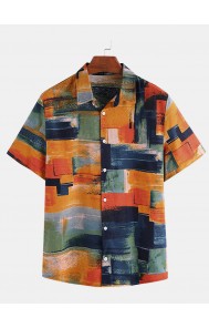 Men Cotton Linen Colorful Graffiti Printed Short Sleeve Shirt