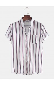 Mens Breathable Multi Color Stripe Chest Pocket Short Sleeve Shirts