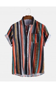 Mens Multi Color Stripe Chest Pocket Breathable Short Sleeve Shirts