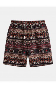 Mens Ethnic Printing Drawstring Elastic Waist Casual Straight Shorts