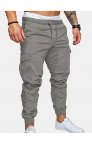Mens Solid Elastic Waist Casual Multi-pocket Cargo Pants