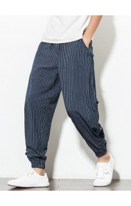 Mens Cotton Linen Side Panel Buckle Plain Stripe Drawstring Harem Pants