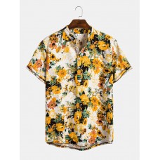 Mens Vacation Style Tropical Floral Printed Stand Collar Short Sleeve Henley Shirt Mens Vacation Style Tropical Floral Printed Stand Collar Short Sleeve Henley Shirt